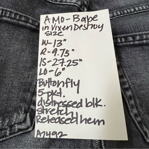 AMO Babe Button Fly Crop Jeans in Vixen Destroy Faded Black Wash Raw Release Hem - Picture 9 of 9